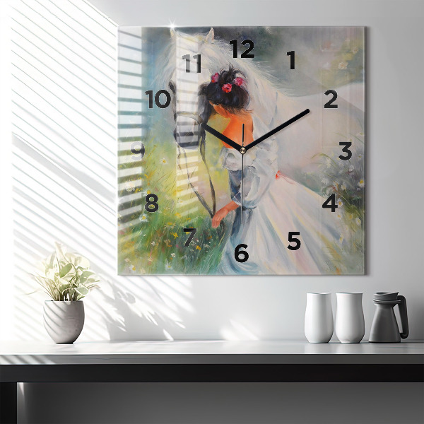 Square glass wall clock Beautiful woman with a horse