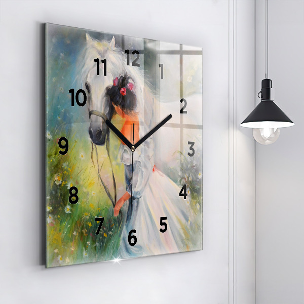 Square glass wall clock Beautiful woman with a horse