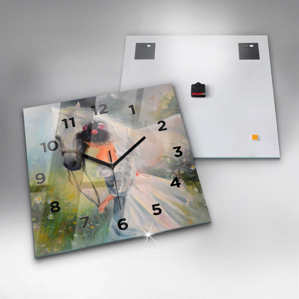 Square glass wall clock Beautiful woman with a horse
