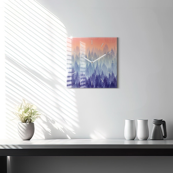 Square glass wall clock Forest in the fog
