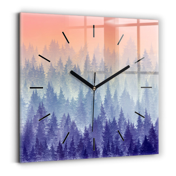 Square glass wall clock Forest in the fog
