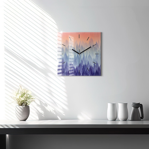 Square glass wall clock Forest in the fog