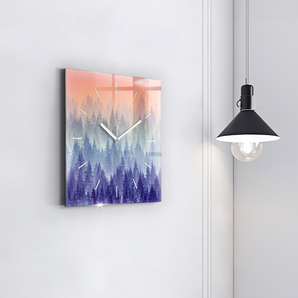 Square glass wall clock Forest in the fog