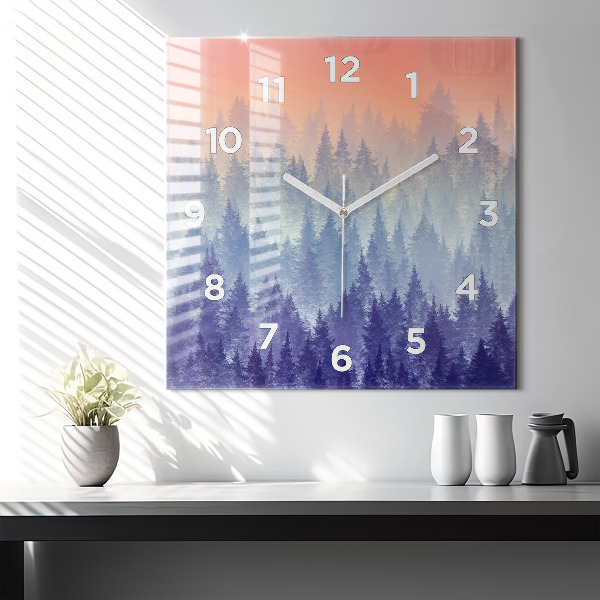 Square glass wall clock Forest in the fog