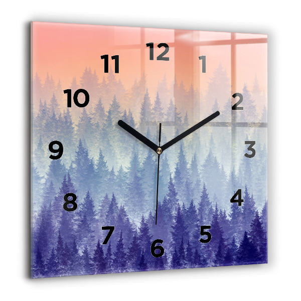 Square glass wall clock Forest in the fog