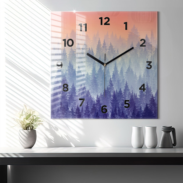 Square glass wall clock Forest in the fog