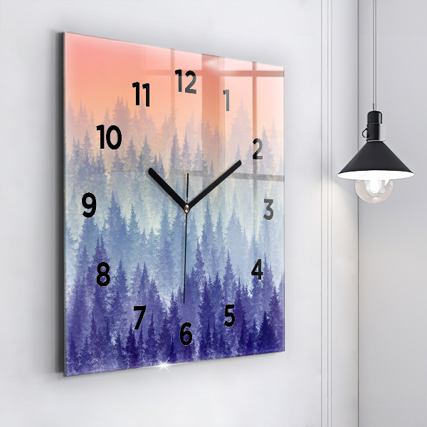 Square glass wall clock Forest in the fog