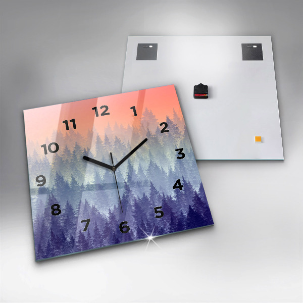 Square glass wall clock Forest in the fog