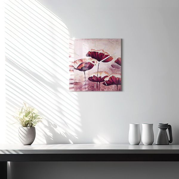 Square glass wall clock Blooming poppies