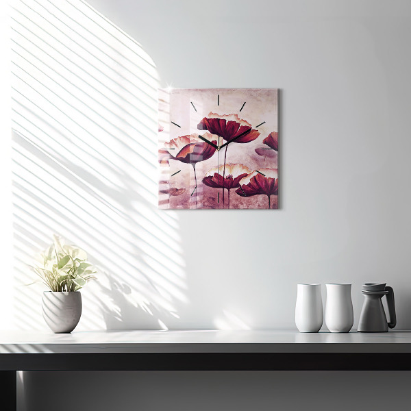 Square glass wall clock Blooming poppies