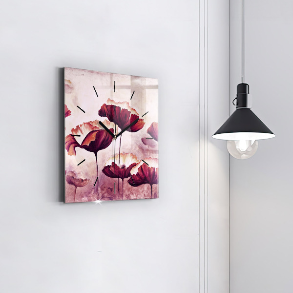 Square glass wall clock Blooming poppies