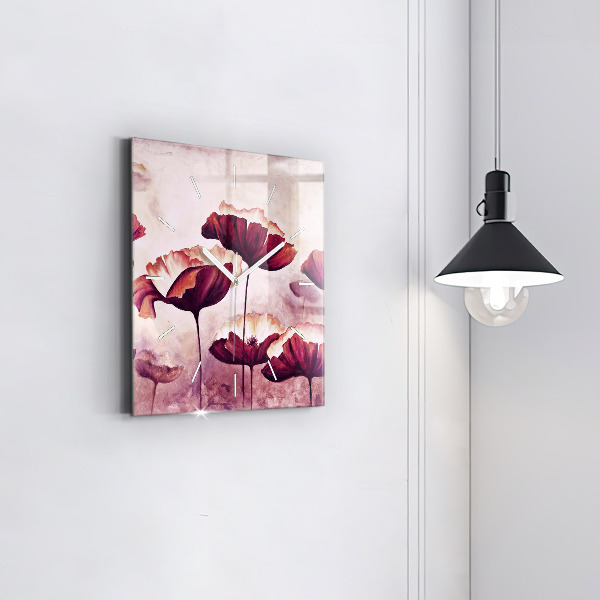 Square glass wall clock Blooming poppies
