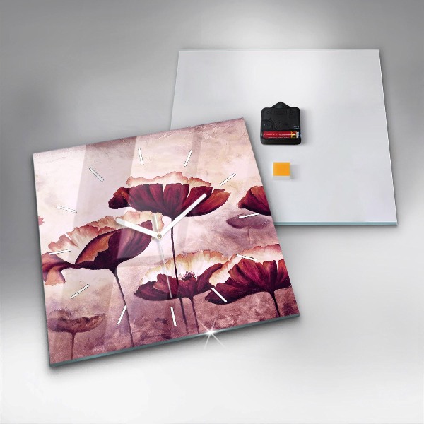 Square glass wall clock Blooming poppies