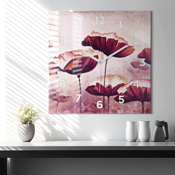 Square glass wall clock Blooming poppies
