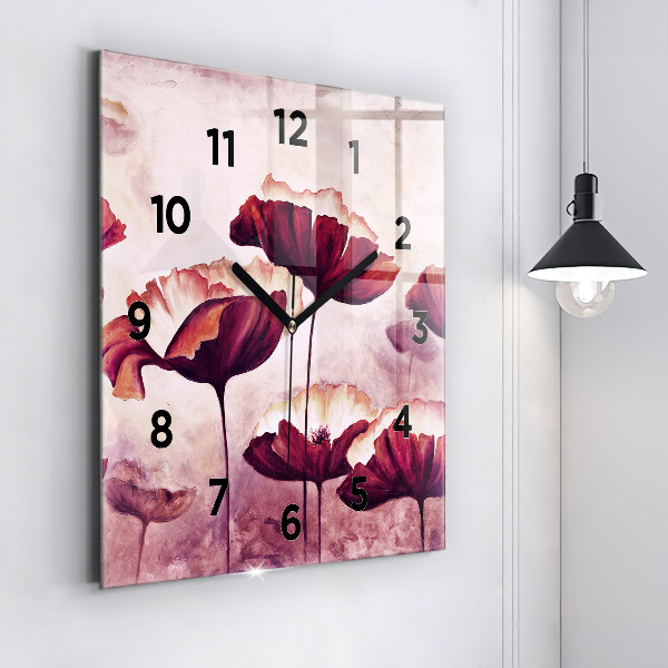 Square glass wall clock Blooming poppies
