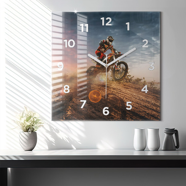 Square glass wall clock Man on a motorcycle