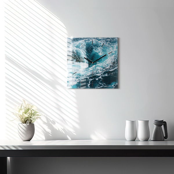 Square glass wall clock Swirling foamy waves