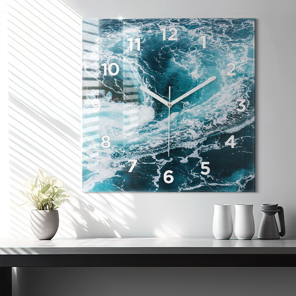 Square glass wall clock Swirling foamy waves