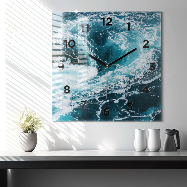 Square glass wall clock Swirling foamy waves