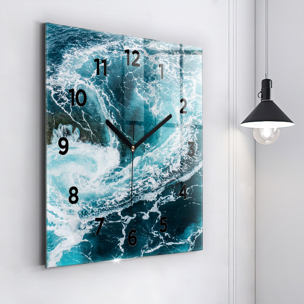 Square glass wall clock Swirling foamy waves