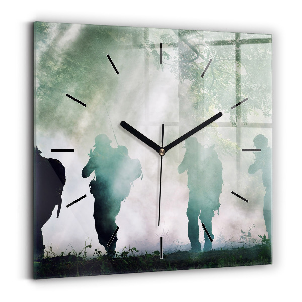 Square glass wall clock Army in the forest soldiers