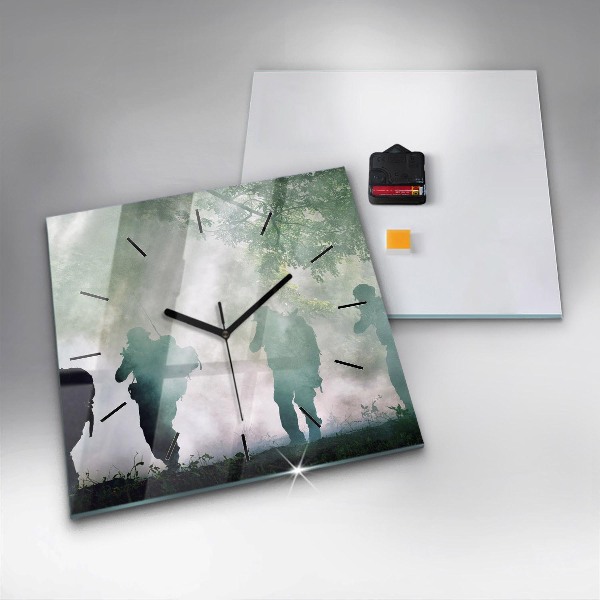 Square glass wall clock Army in the forest soldiers