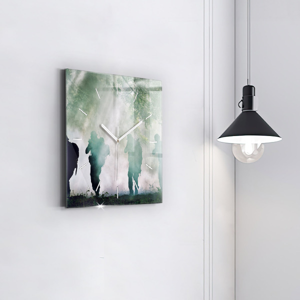 Square glass wall clock Army in the forest soldiers