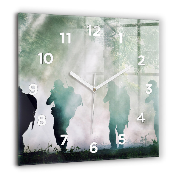 Square glass wall clock Army in the forest soldiers