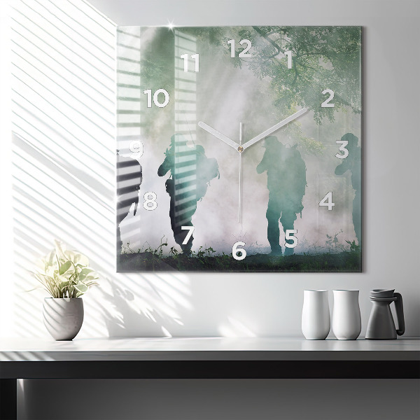 Square glass wall clock Army in the forest soldiers