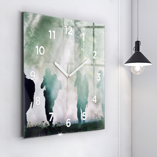Square glass wall clock Army in the forest soldiers