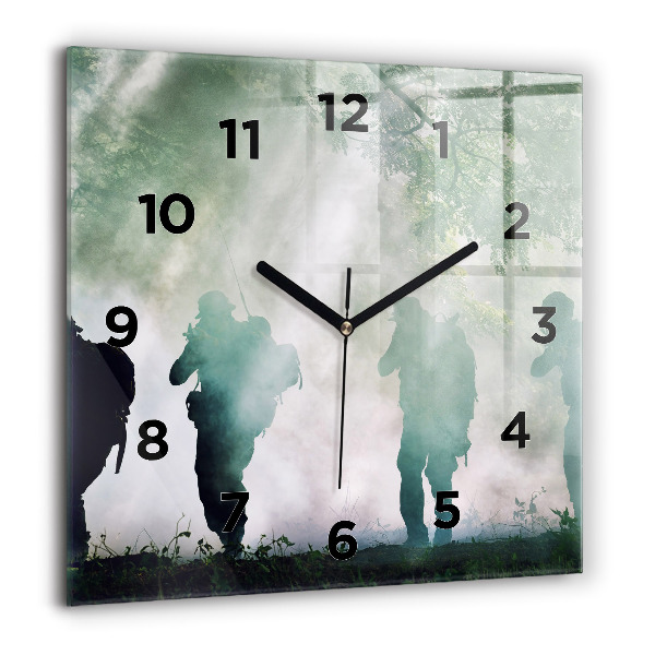 Square glass wall clock Army in the forest soldiers