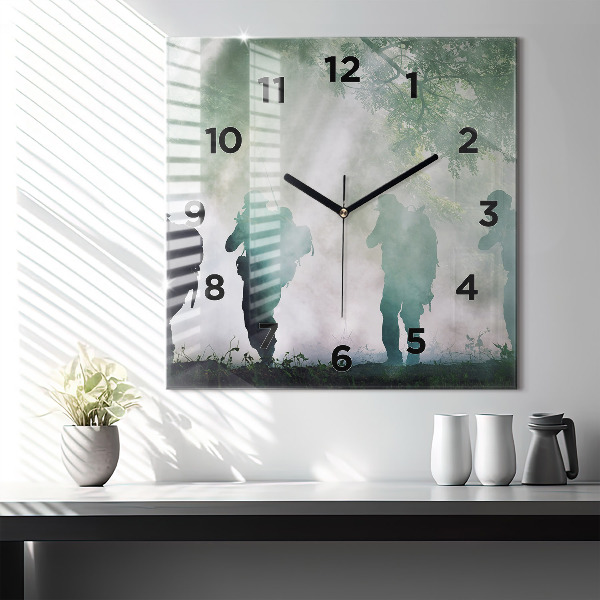 Square glass wall clock Army in the forest soldiers