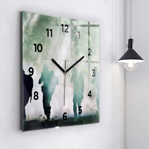 Square glass wall clock Army in the forest soldiers