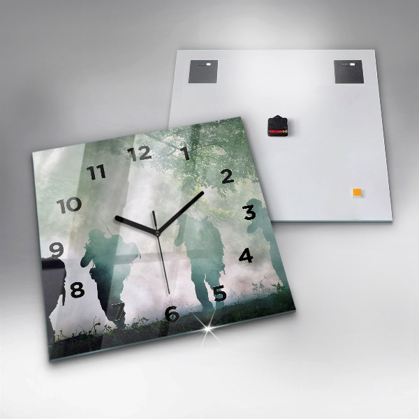 Square glass wall clock Army in the forest soldiers