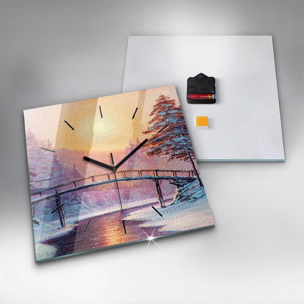 Square glass wall clock Christmas tree and bridge