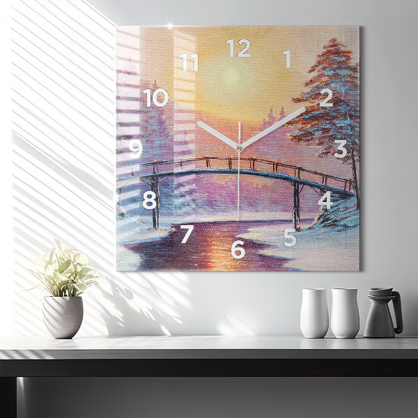 Square glass wall clock Christmas tree and bridge