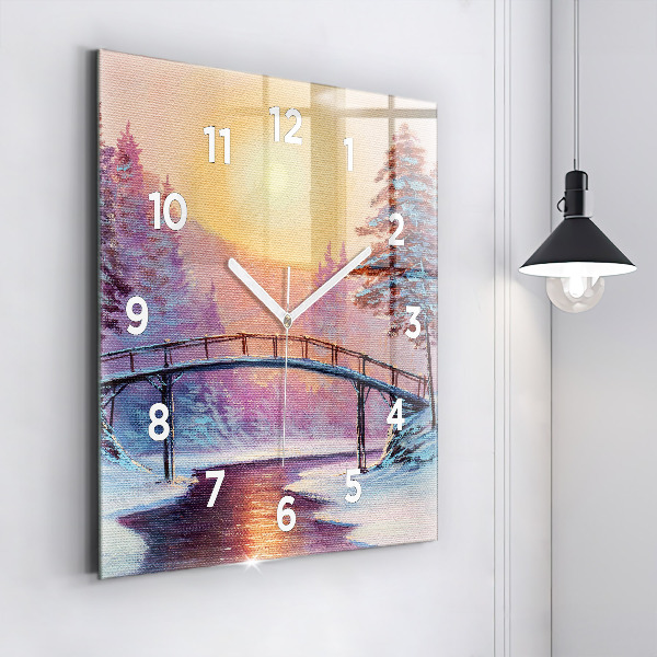 Square glass wall clock Christmas tree and bridge