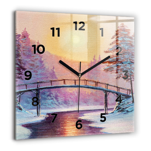 Square glass wall clock Christmas tree and bridge