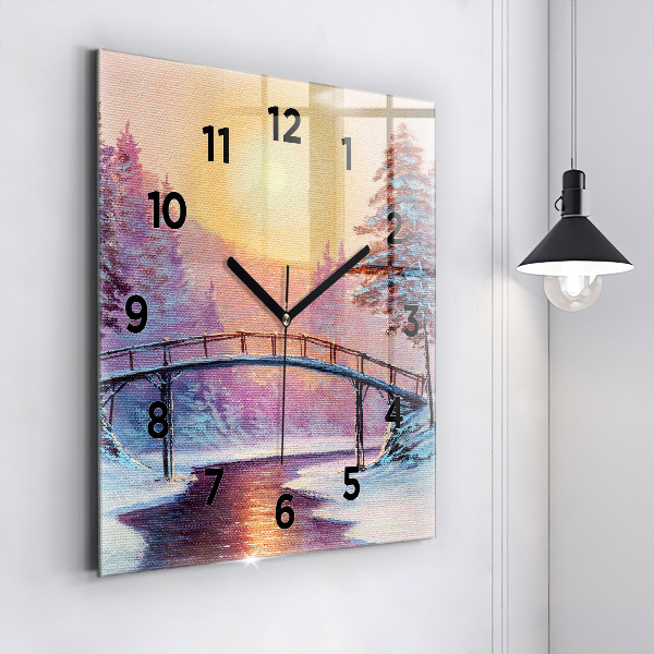Square glass wall clock Christmas tree and bridge