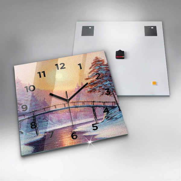 Square glass wall clock Christmas tree and bridge