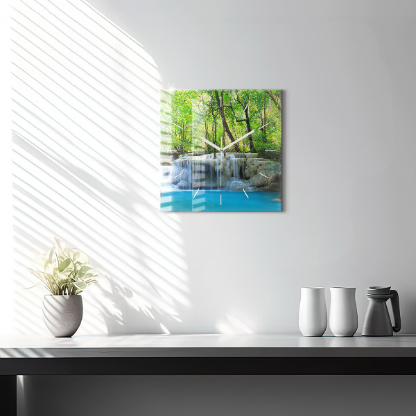 Square glass wall clock Waterfall in the forest