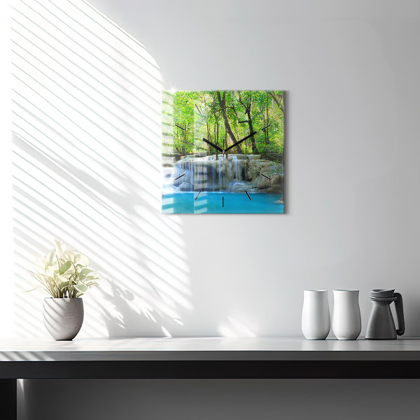 Square glass wall clock Waterfall in the forest