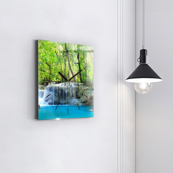 Square glass wall clock Waterfall in the forest