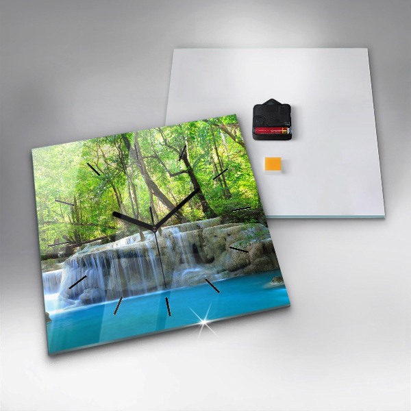 Square glass wall clock Waterfall in the forest