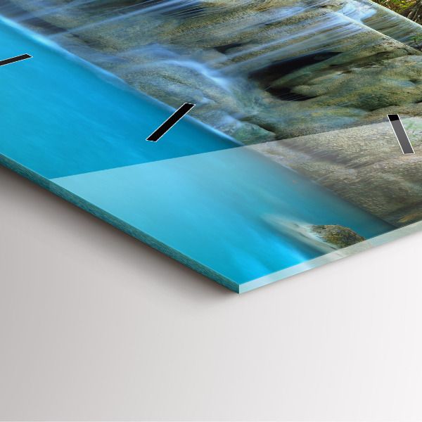 Square glass wall clock Waterfall in the forest