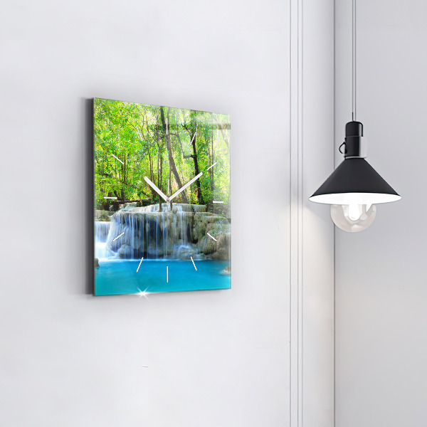 Square glass wall clock Waterfall in the forest