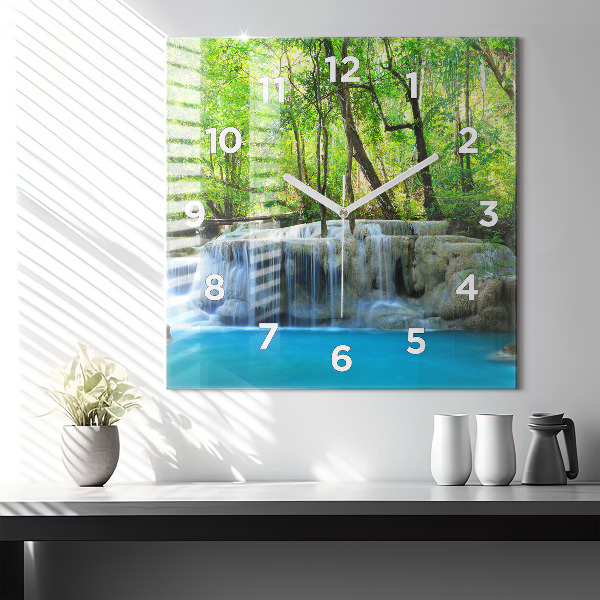 Square glass wall clock Waterfall in the forest