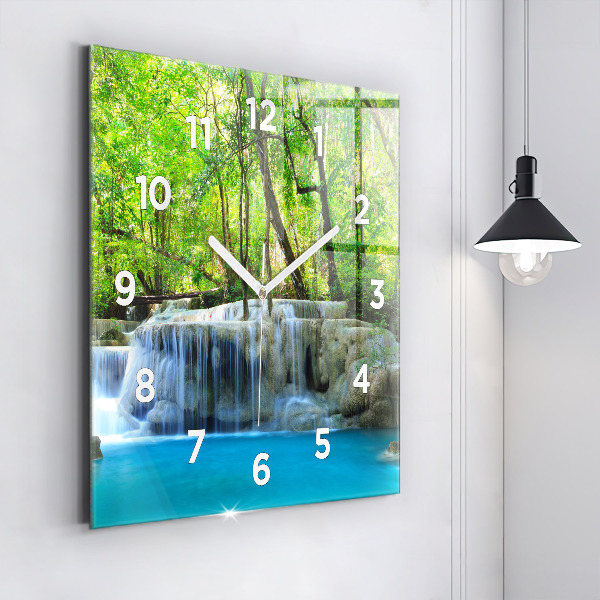 Square glass wall clock Waterfall in the forest