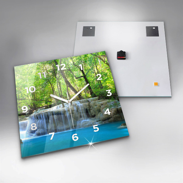 Square glass wall clock Waterfall in the forest
