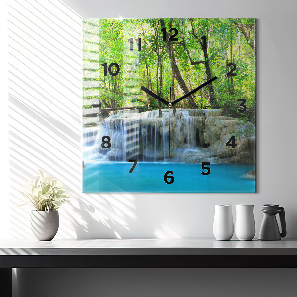 Square glass wall clock Waterfall in the forest